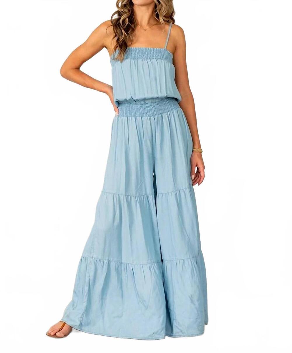 NEW SEW IN LOVE relaxed fit smocked tiered wide leg jumpsuit in blue